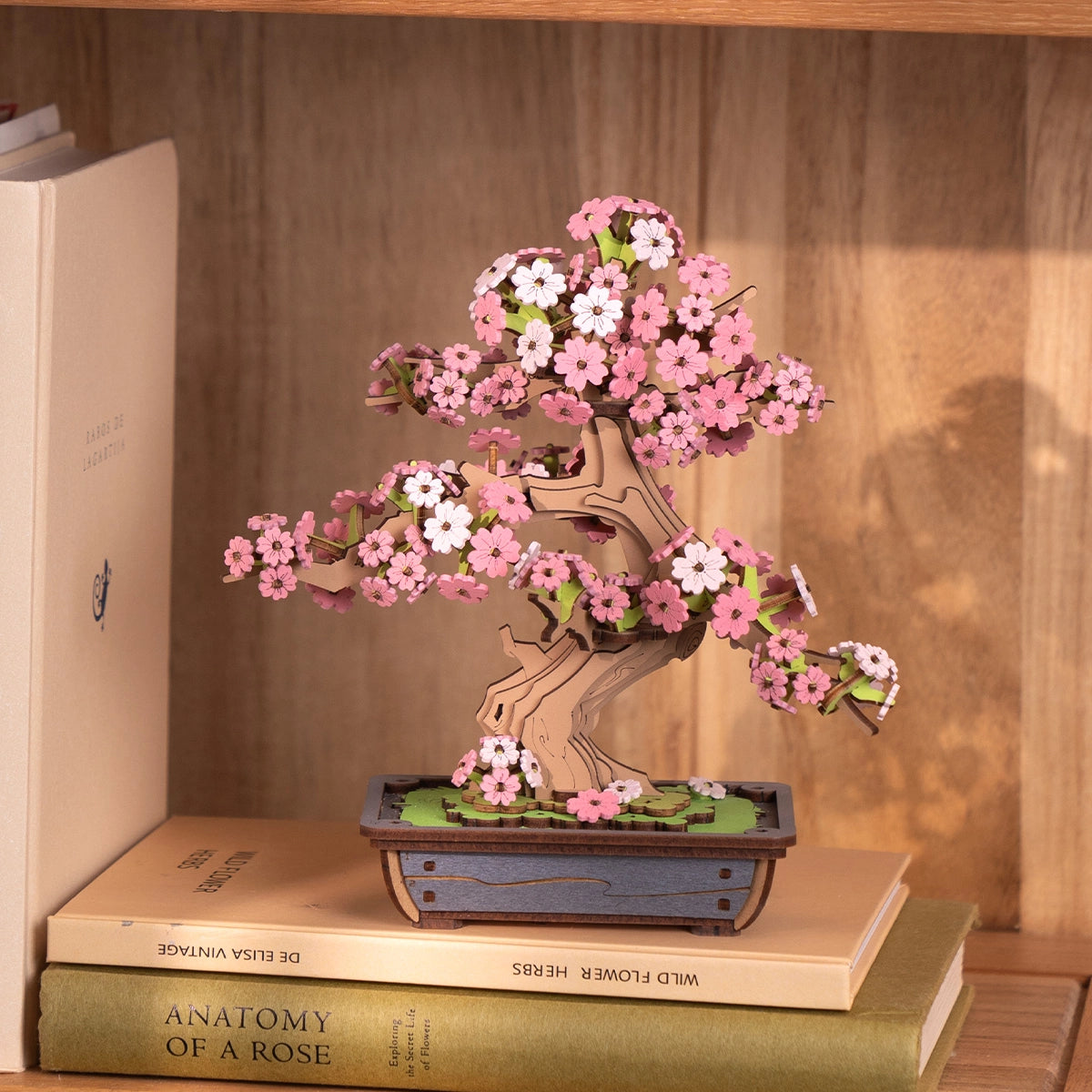 Rolife Sakura Bonsai 3D Wooden Puzzle Creation Model kit TG415 finished on shelf