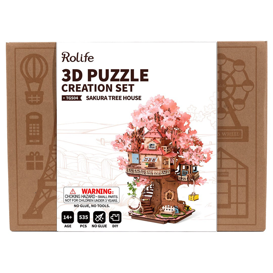 Rolife 3D puzzle creation set packaging with sakura tree house illustration
