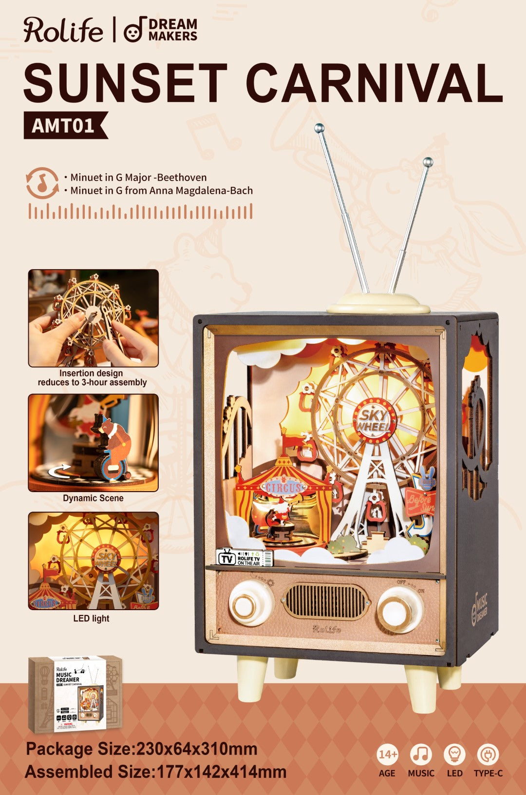 Rolife Sunset Carnival Music Box Wooden Model Kit AMT01 details