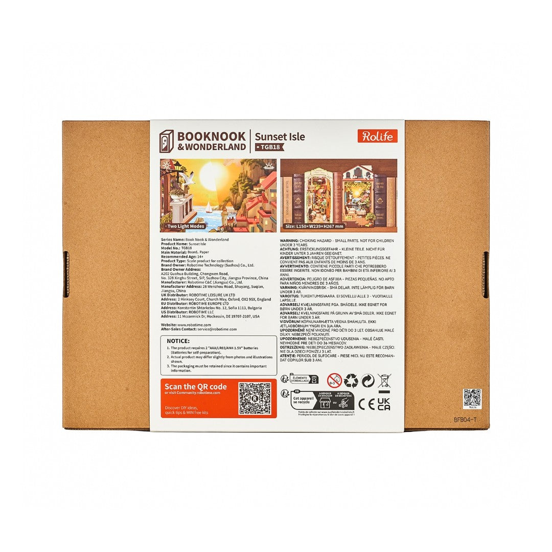 The back of a brown cardboard box for the Booknook & Wonderland Sunset Isle 3D Kit by RollLife, featuring product information, instructions, and a QR code on a white background.