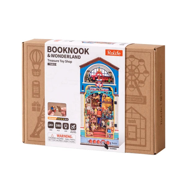 Rolife Booknook & Wonderland Treasure Toy Shop building kit in its original retail packaging, shown on a clean white background.