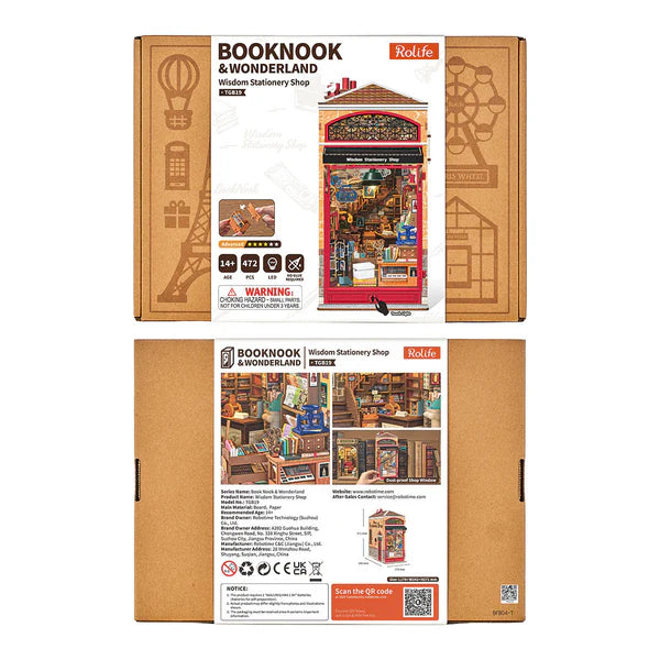 Front and back views of a cardboard packaging box for the 'Booknook & Wonderland' by Redlife, showing product details and assembly instructions on a white background.