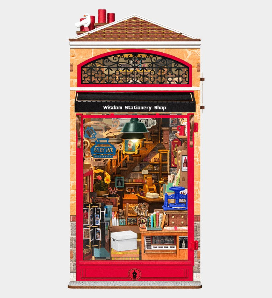 Decorative door with a vintage stationery shop design on a white background
