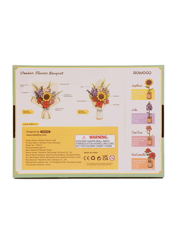 Robotime Rowood Flower Bouquet Wooden Flower Craft Kit TW01H box back