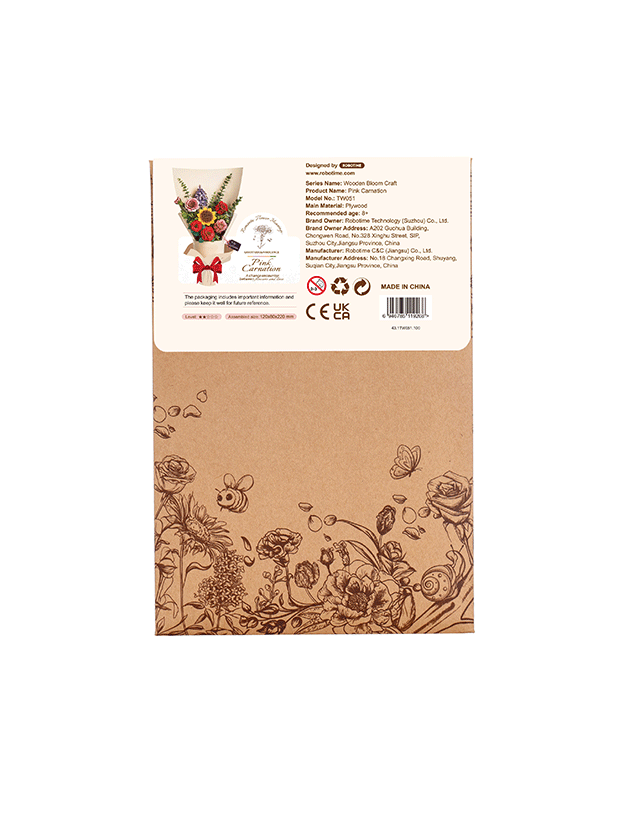Robotime Rowood Pink Carnation Wooden Flower Craft Kit TW051 box back