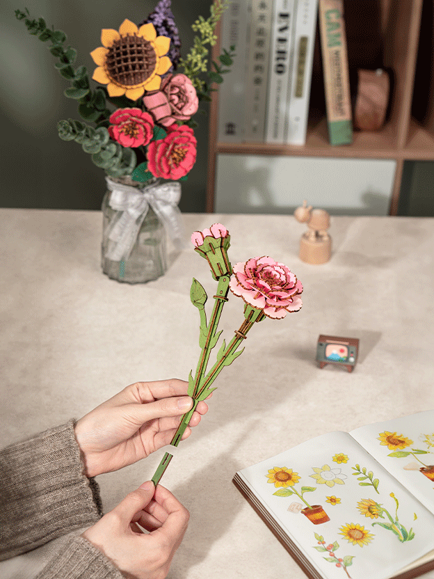 Robotime Rowood Pink Carnation Wooden Flower Craft Kit TW051 assembly
