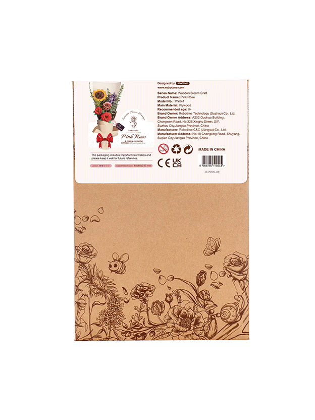 Robotime Rowood Pink Rose Wooden Flower Craft Kit TW041 box back