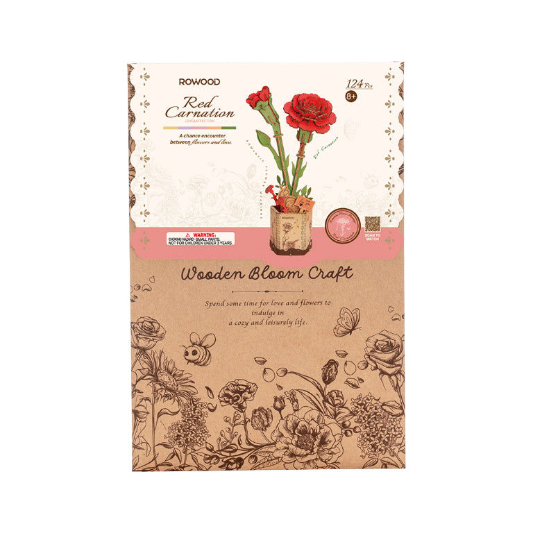 Rowood red carnation flower wooden model kit box