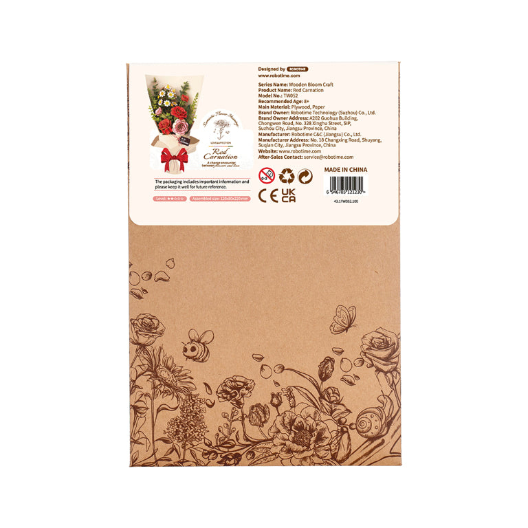 Rowood red carnation flower wooden model kit box back