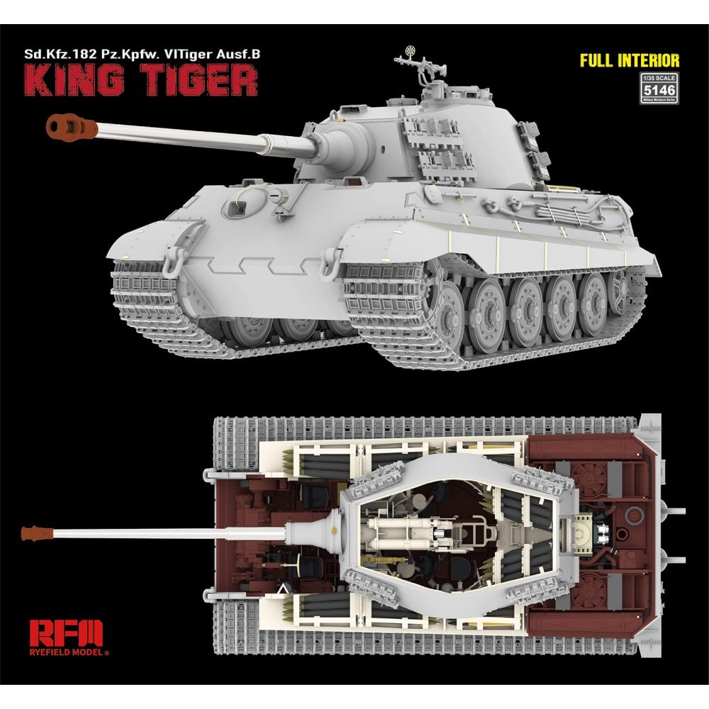 Ryefield Model tank kit of King Tiger with top and bottom views on a black background