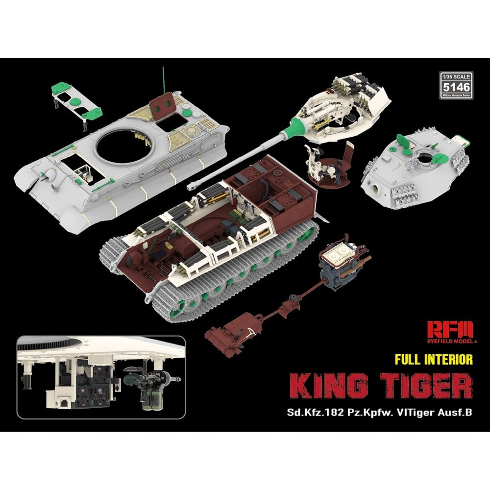 Ryefield Model kit of a King Tiger tank with various parts on a black background
