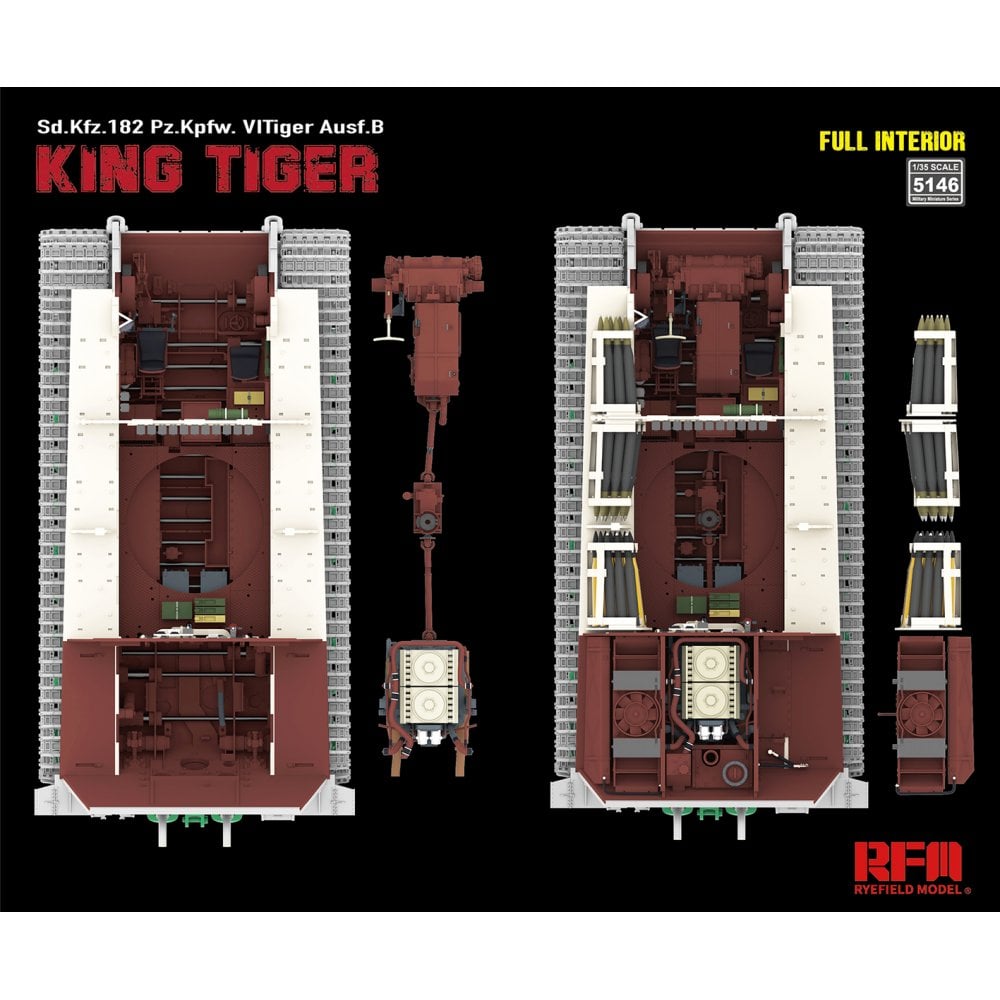 Ryefield Model of a King Tiger tank with a full interior view, showing detailed components.