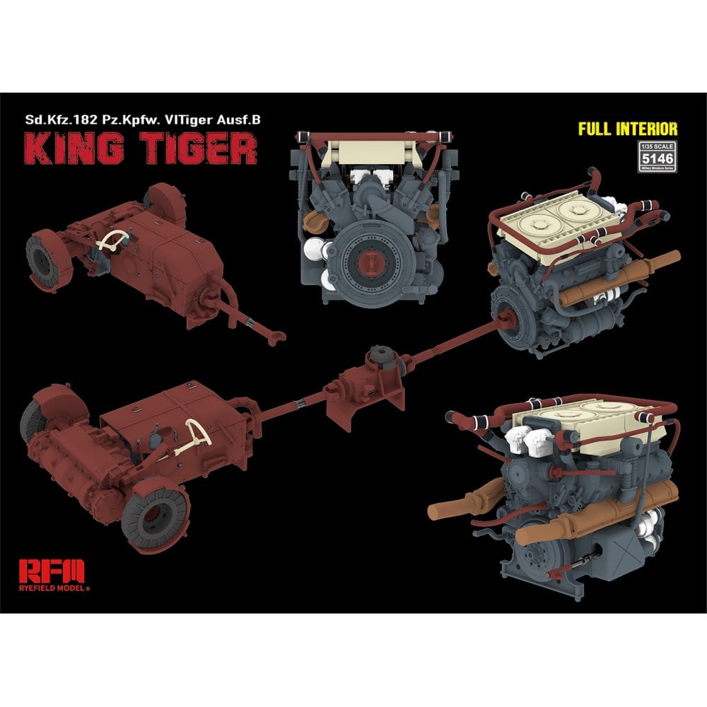 Ryefield Model kit of a King Tiger tank with engine components on a black background