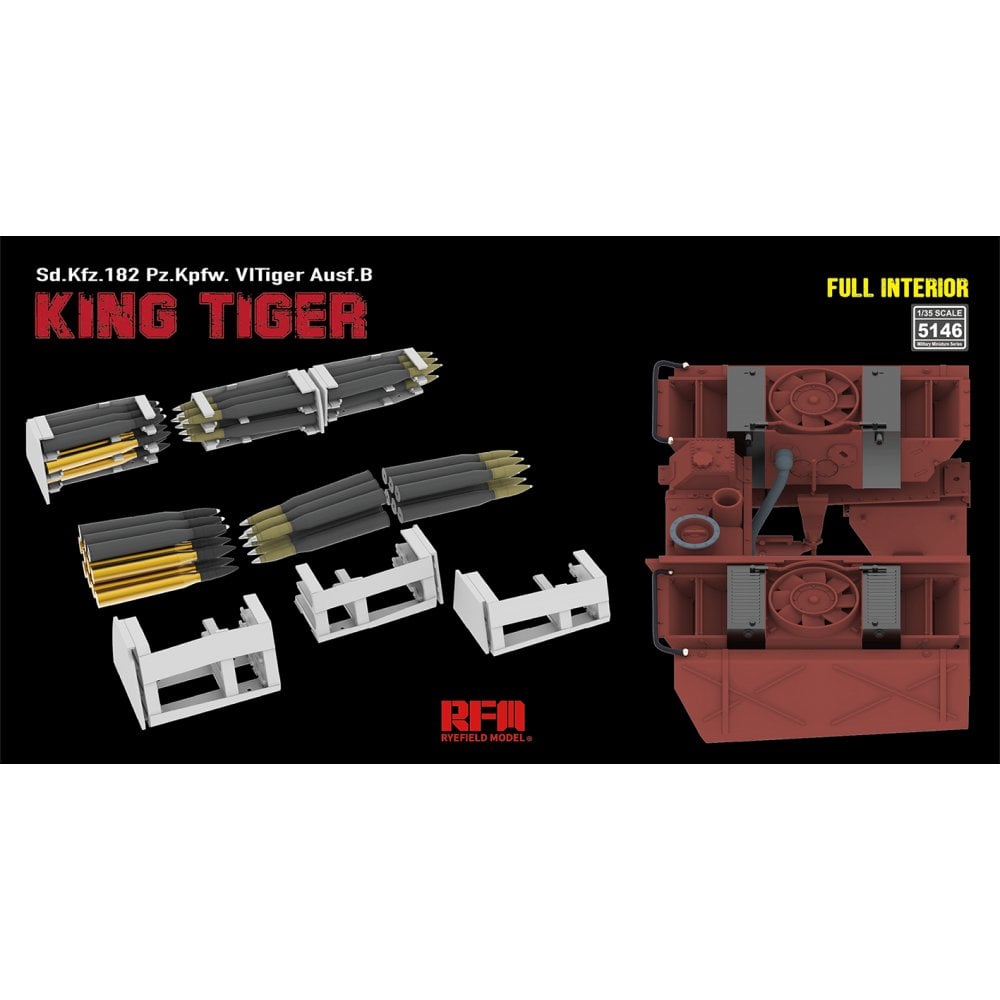 Model kit components for Sd.Kfz.182 Pz.Kpfw.VII Tiger Ausf.B with 'King Tiger' branding on a black background.
