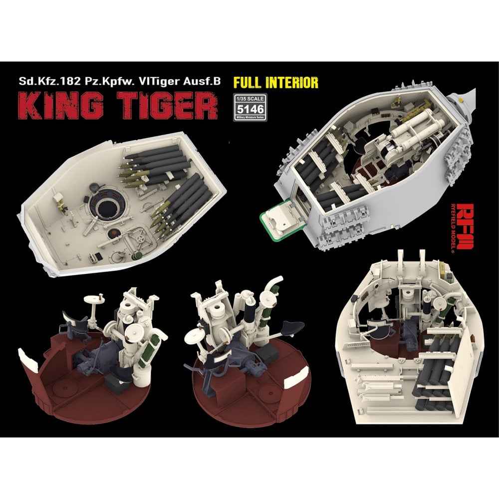 Model kit of a King Tiger tank with interior details and figures on a black background.