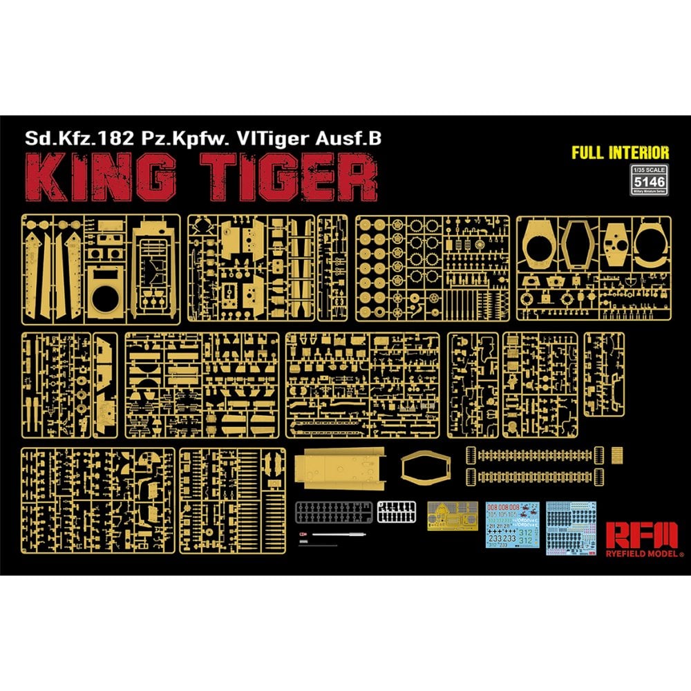 Model kit packaging for Sd.Kfz.182 Pz.Kpfw. VI Tiger Ausf.B with various parts on a black background.