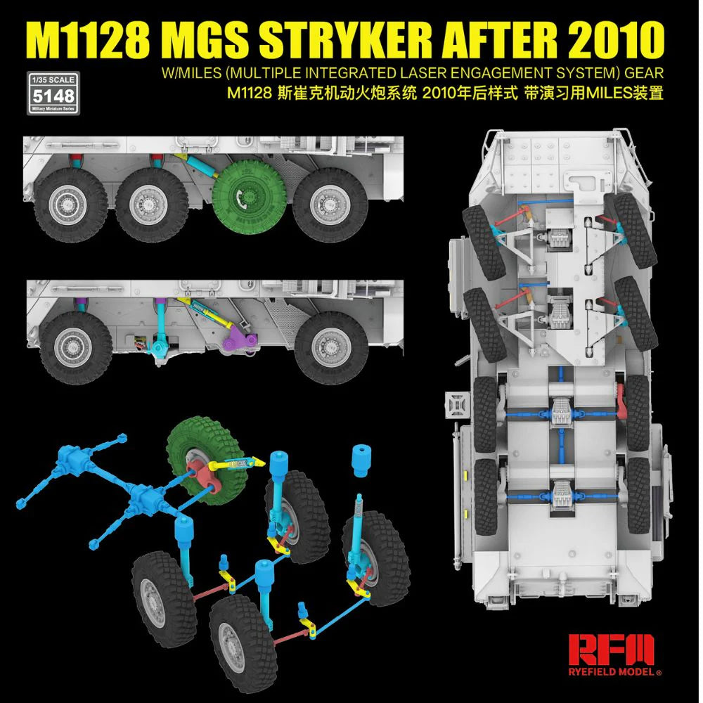 Technical diagram of Ryefield Models M1128 MGS Stryker after 2010 with detailed parts and components.