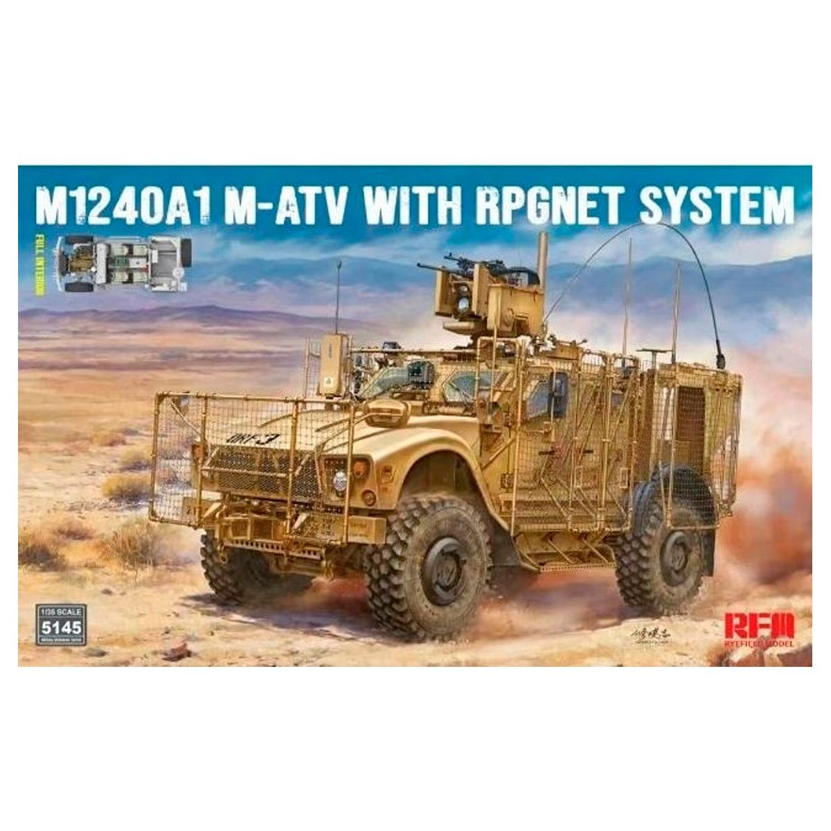 Ryefield Model kit of M1240A1 M-ATV with RPGNET system on a desert background