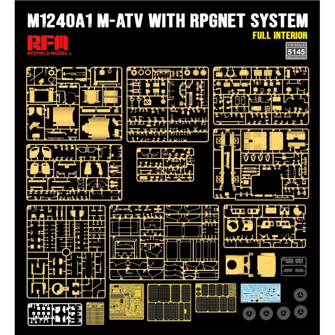 Model kit packaging for M1240A1 M-ATV with RPGNET system on a black background