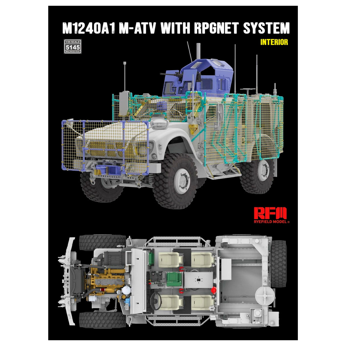 Ryefield 1/35 Model kit of M1240A1 M-ATV with RPGNET system on a black background