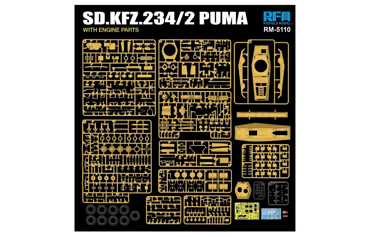 Ryefield Model 1/35 scale Sd.Kfz.234/2 Puma Armoured Car model kit 5110 contents