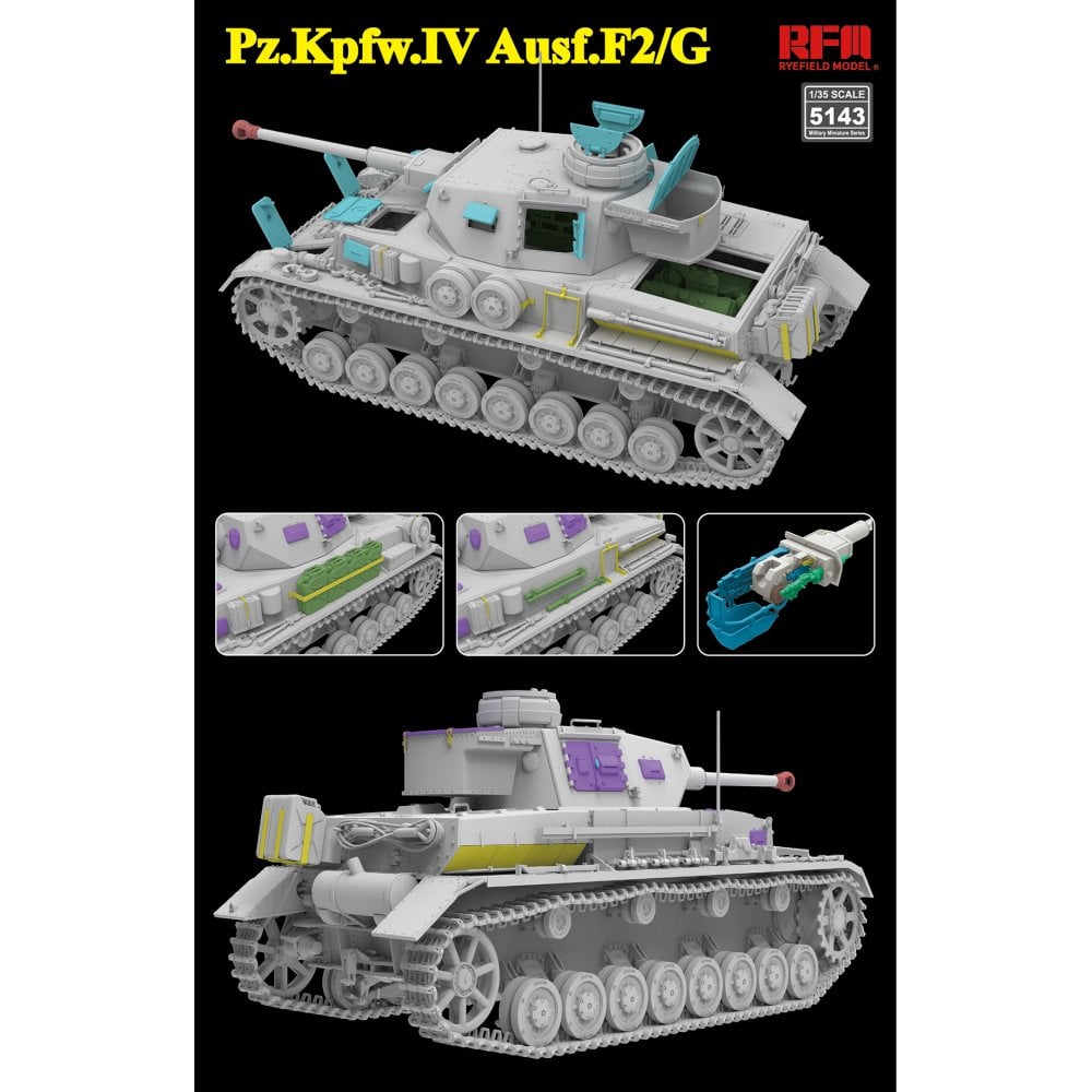 Ryefield Models 1/35 scale Panzer IV Model tank kit of Pz.Kpfw.IV Ausf.F2/G with detailed parts on a white background