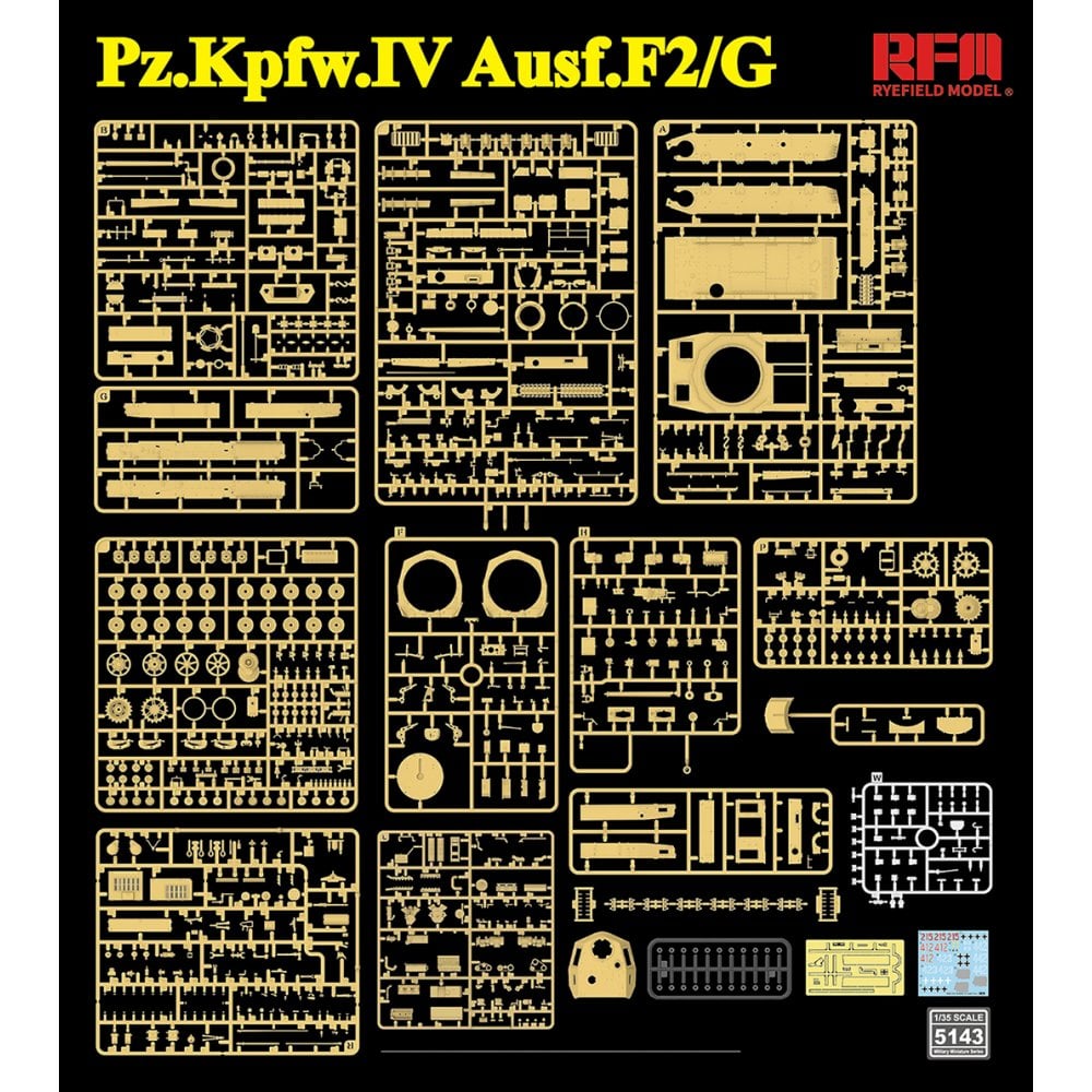 Model kit parts for Pz.Kpfw.IV Ausf.F2/G on a black background with RFM branding.