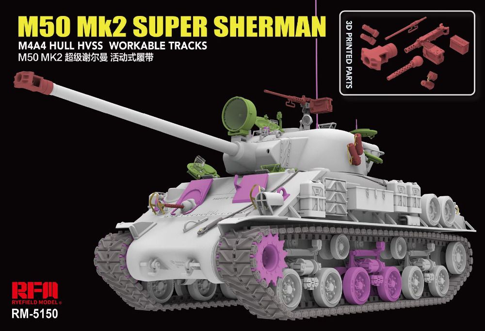 Model tank M50 Mk2 Super Sherman with components on a black background