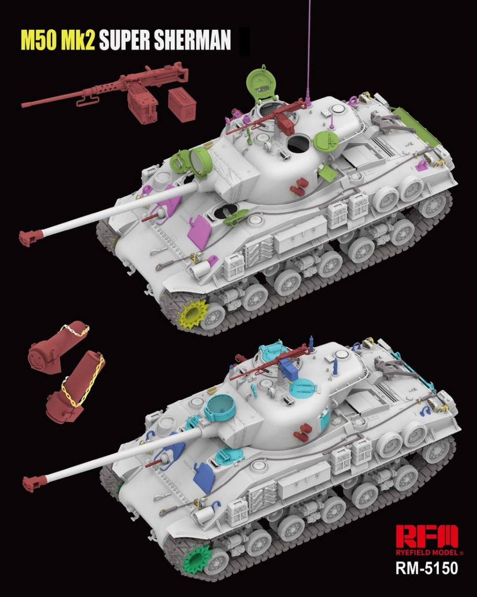 Model of M50 Mk2 Super Sherman tank with colorful details on a black background