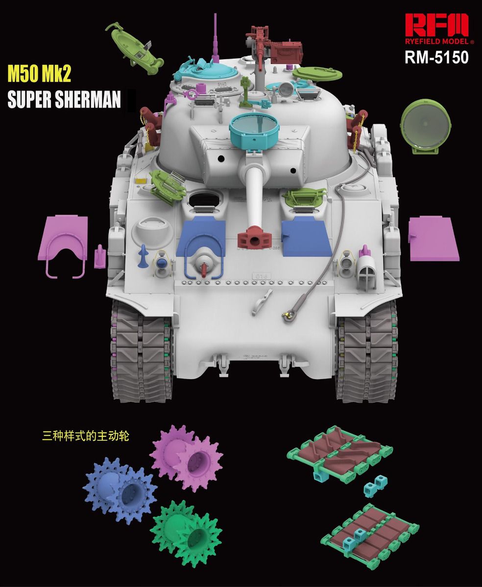 Toy tank model with various parts on a black background, featuring the brand 'Revell Model'.