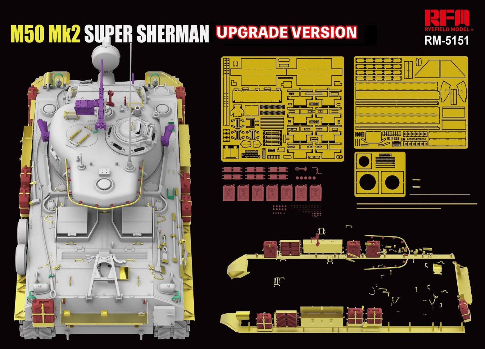 Model kit of M50 Mk2 Super Sherman tank with yellow diagram on a black background