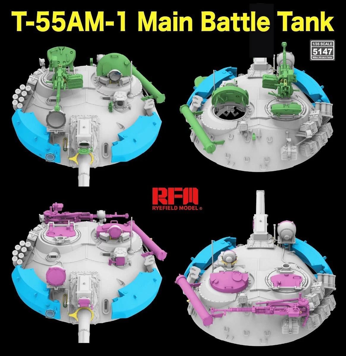 Model of T-55AM-1 Main Battle Tank with different colored parts on a black background, featuring the RFM brand.