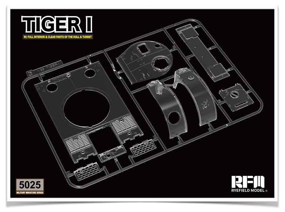 Model kit packaging for 'Tiger I' with clear parts on a black background