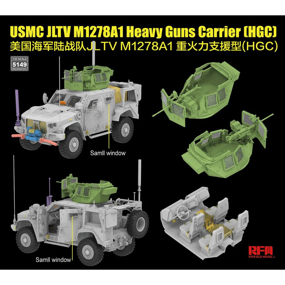 Model kit of USMC JLTV M1278A1 Heavy Guns Carrier (HGC) with detailed parts on a black background.