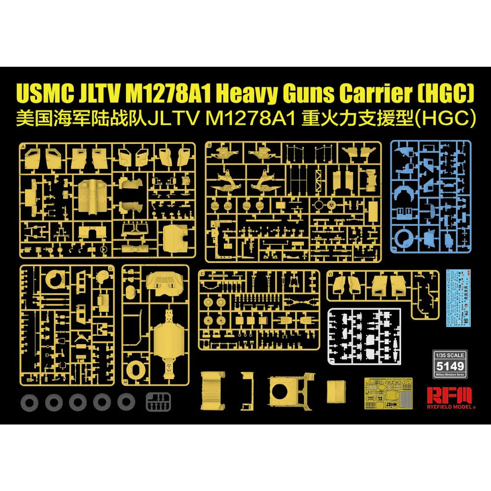 Model kit of USMC JLTV M1278A1 Heavy Guns Carrier (HGC) with yellow text on a black background