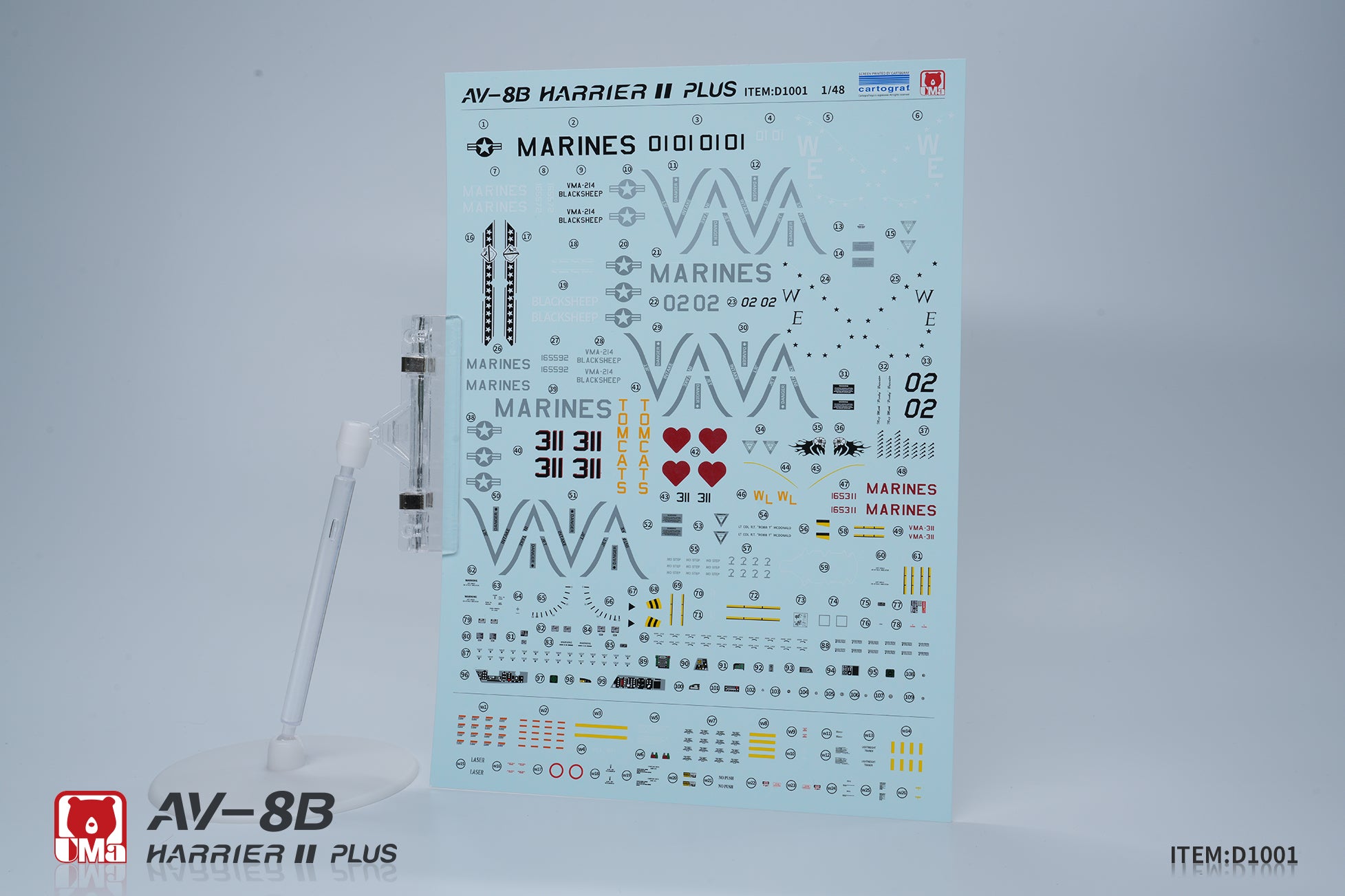 Model decal sheet for UMa AV-8B Harrier II Plus on a light blue background