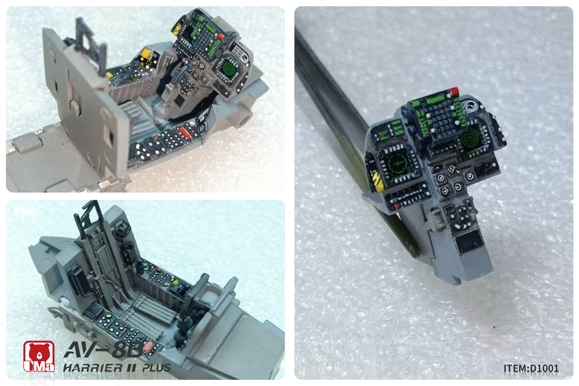 Collage of a model aircraft with detailed cockpit for UMa Models Harrier II Plus