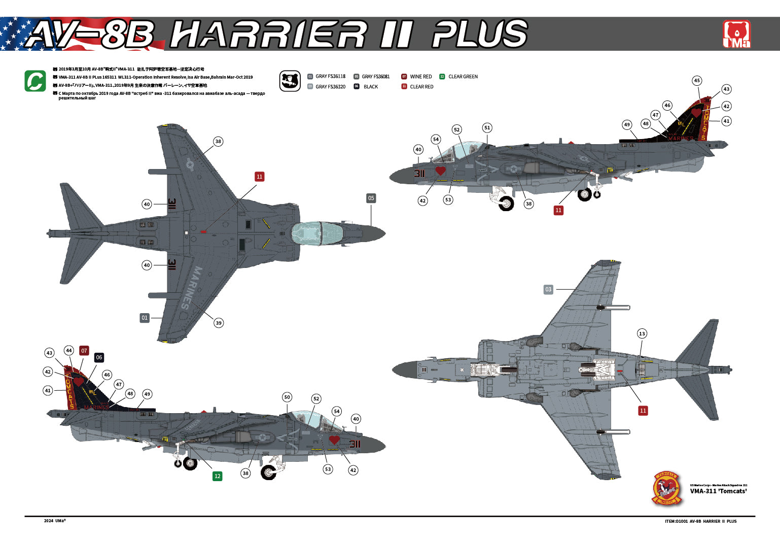 Decal sheet for AV-8B Harrier II Plus with multiple views and markings.