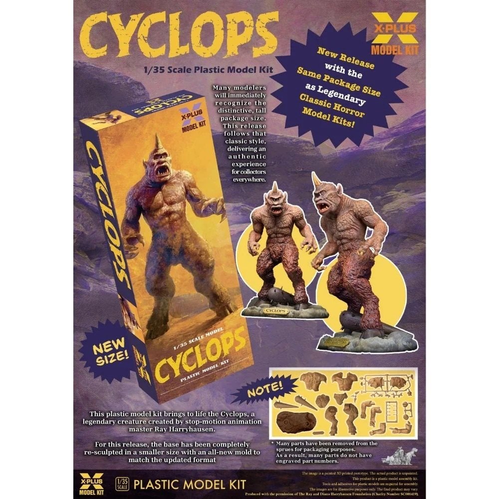 Cyclops model kit packaging with two figures and box on a purple background