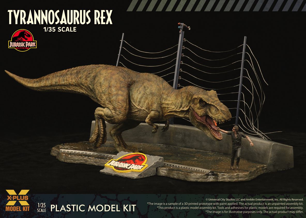 X-Plus 1/35 Jurassic Park Tyrannosaurus Rex T-Rex Plastic Model Kit on display