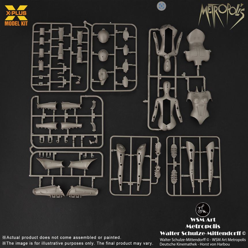 X-Plus Model Kit Metropolis 1927 Maria Maschinenmensch Silver Screen Edition Plastic Model Kit contents