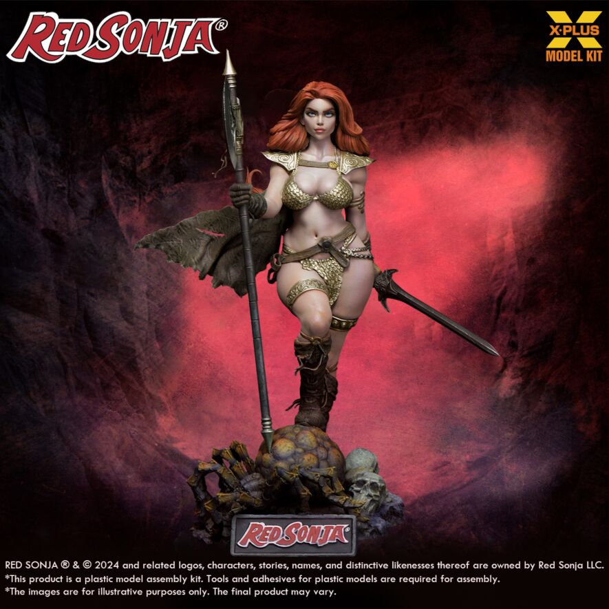 X-Plus Red Sonja model kit with spear and sword on a dark background