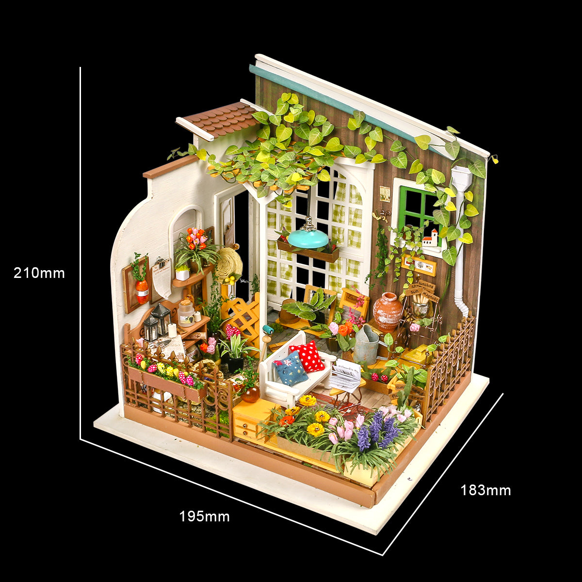 Robotime Rolife DIY House Miller's Garden Model Kit dimensions