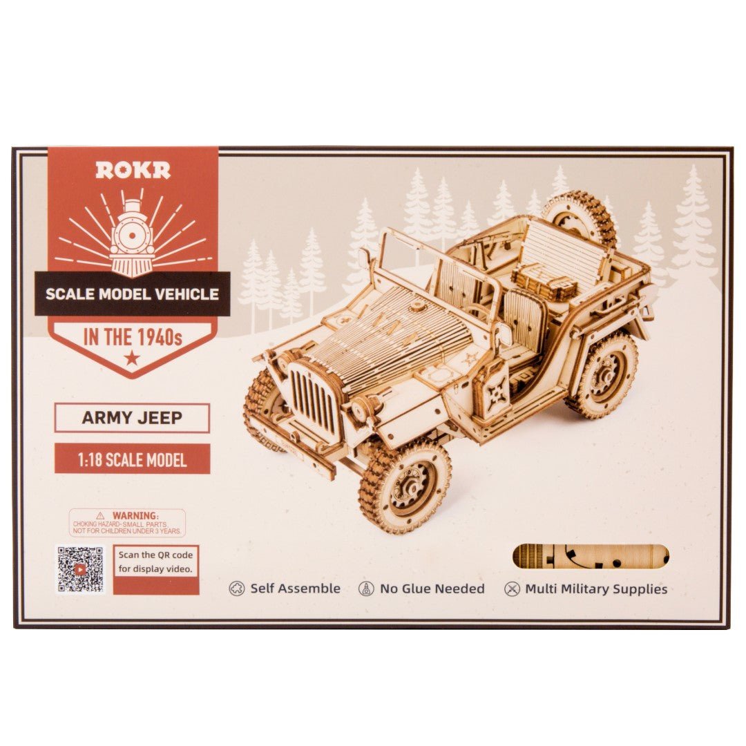 Rokr Army Jeep Wooden Model Kit MC701 box