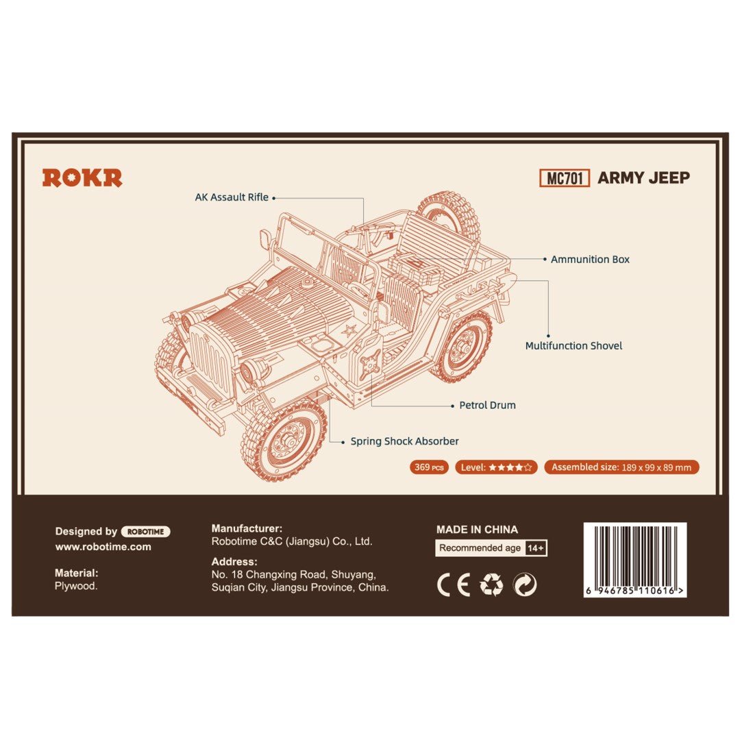 Rokr Army Jeep Wooden Model Kit MC701 box back