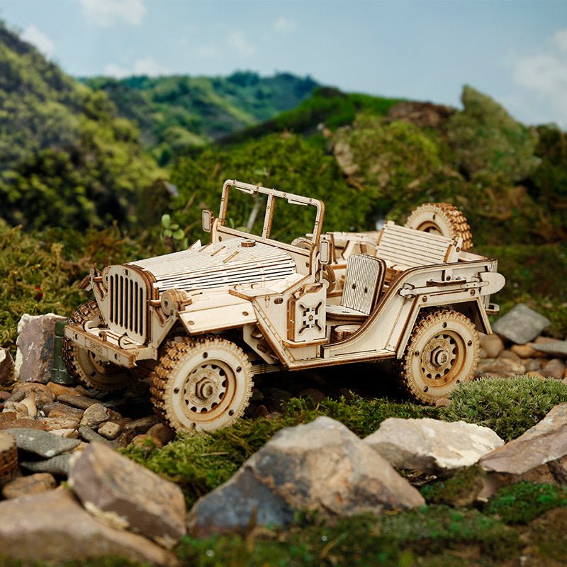 Rokr Army Jeep Wooden Model Kit MC701 on display