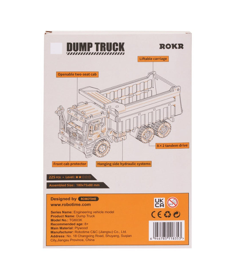 Rokr Dump Truck Wooden Model Kit TG603K box back