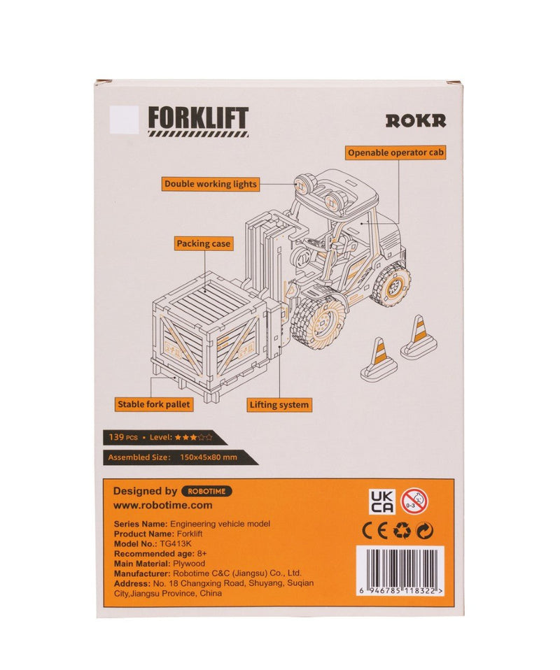 Rokr Forklift Truck Wooden Model Kit TG413K box back