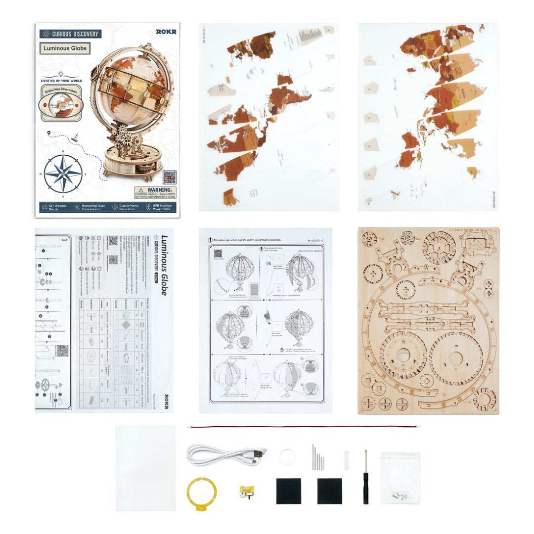 Rokr Luminous Globe Wooden Puzzle model kit ST003 contents