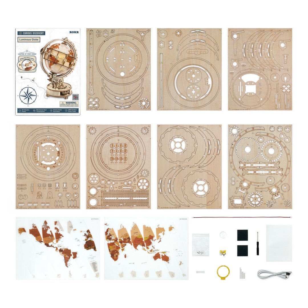 Rokr Luminous Globe Wooden Puzzle model kit ST003 box contents